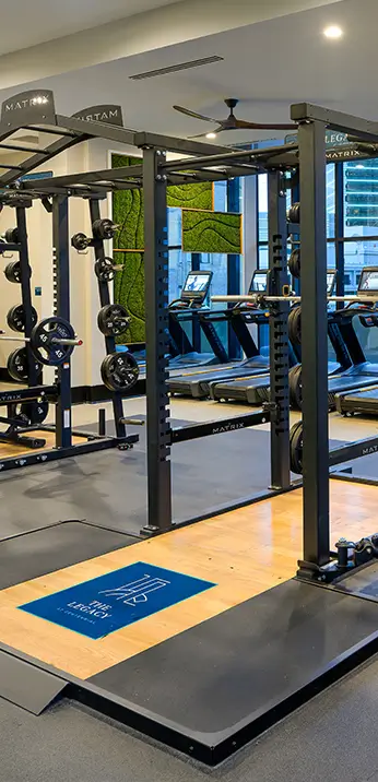 Gym with machines and weights.